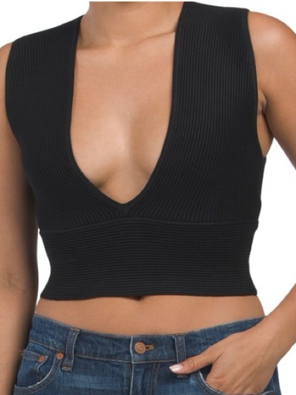 House of Harlow 1960 Compression Ribbed Deep V Crop Tank Top - Black size small